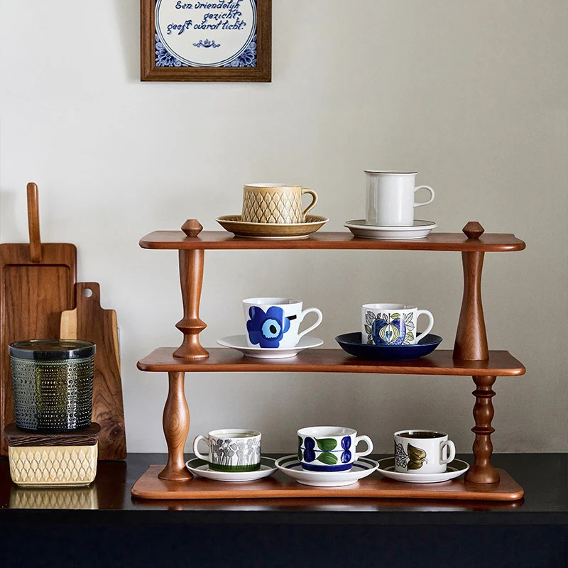 Contemporary Retro Cherry Wood Rectangular Wave-shaped Desktop Storage Shelf 3-Tier For Living Room & Entryway