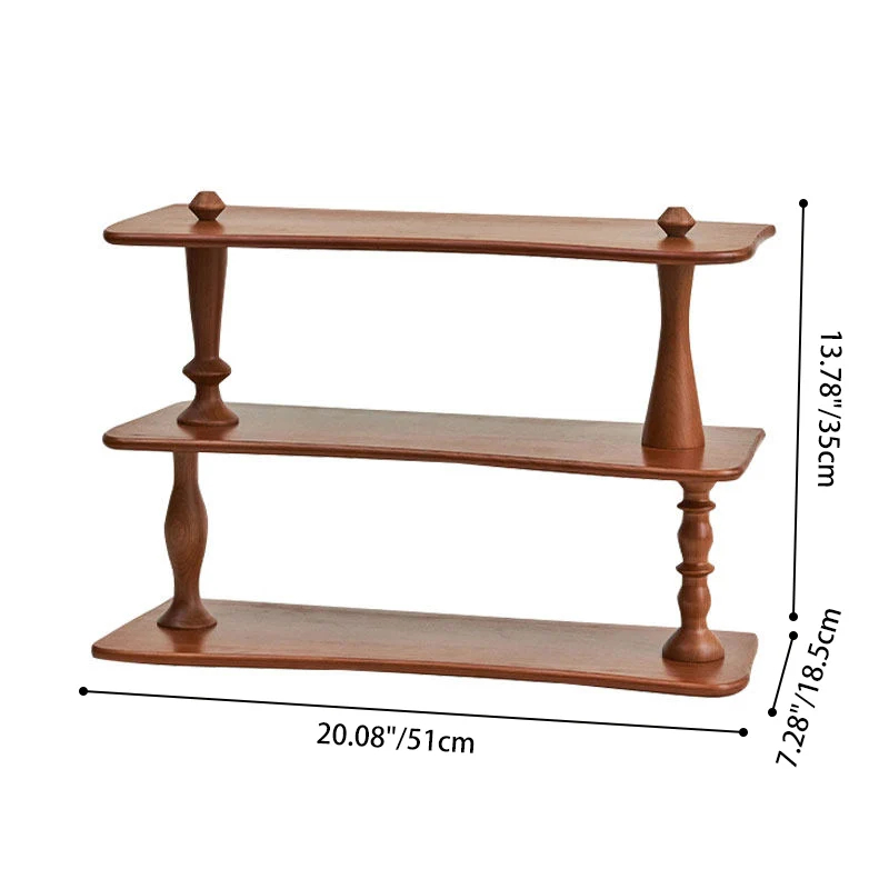 Contemporary Retro Cherry Wood Rectangular Wave-shaped Desktop Storage Shelf 3-Tier For Living Room & Entryway