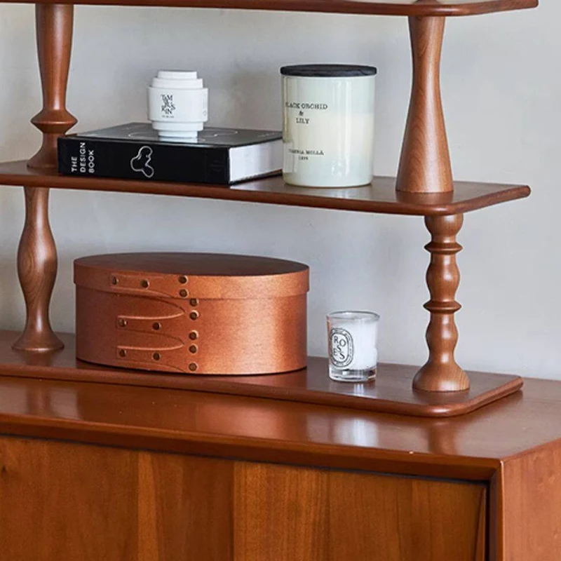 Contemporary Retro Cherry Wood Rectangular Wave-shaped Desktop Storage Shelf 3-Tier For Living Room & Entryway