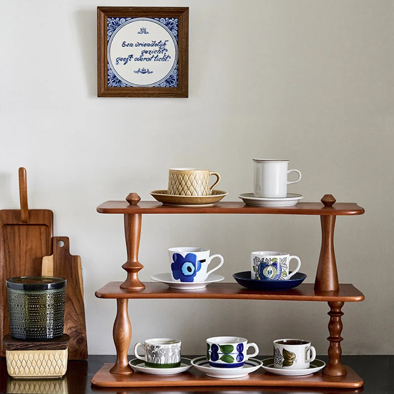 Contemporary Retro Cherry Wood Rectangular Wave-shaped Desktop Storage Shelf 3-Tier For Living Room & Entryway