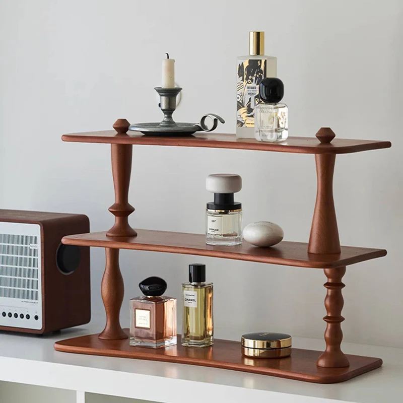 Contemporary Retro Cherry Wood Rectangular Wave-shaped Desktop Storage Shelf 3-Tier For Living Room & Entryway