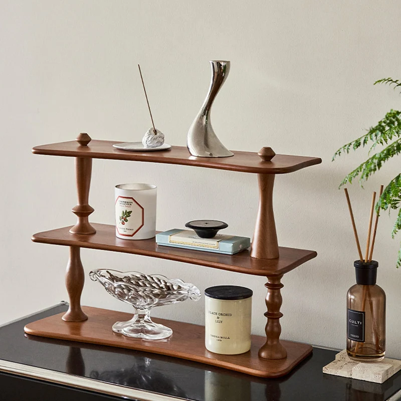 Contemporary Retro Cherry Wood Rectangular Wave-shaped Desktop Storage Shelf 3-Tier For Living Room & Entryway