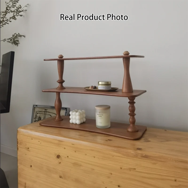 Contemporary Retro Cherry Wood Rectangular Wave-shaped Desktop Storage Shelf 3-Tier For Living Room & Entryway