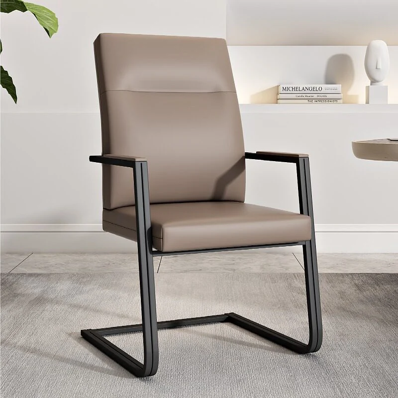 Modern Minimalist Rectangular Faux Leather Iron Desk Chair Ergonomic Backrest Armrests For Home Office