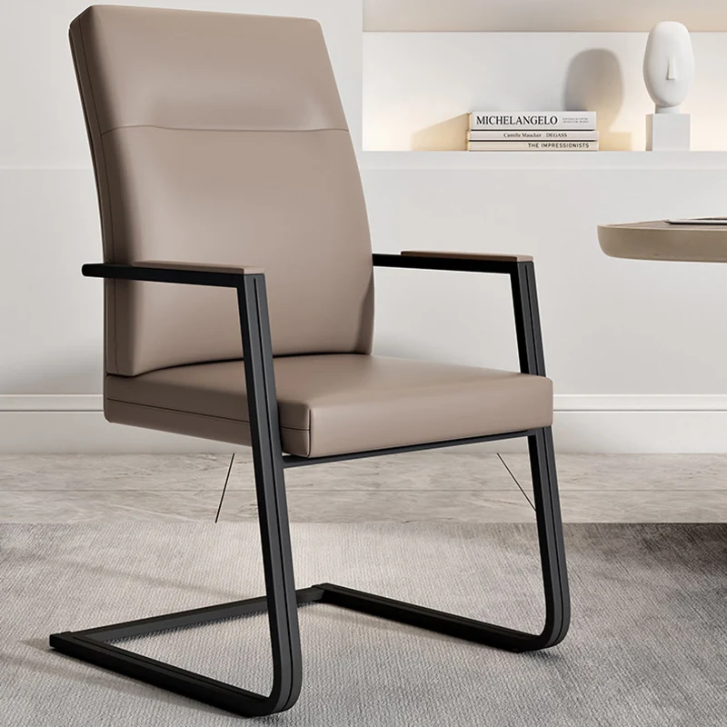 Modern Minimalist Rectangular Faux Leather Iron Desk Chair Ergonomic Backrest Armrests For Home Office