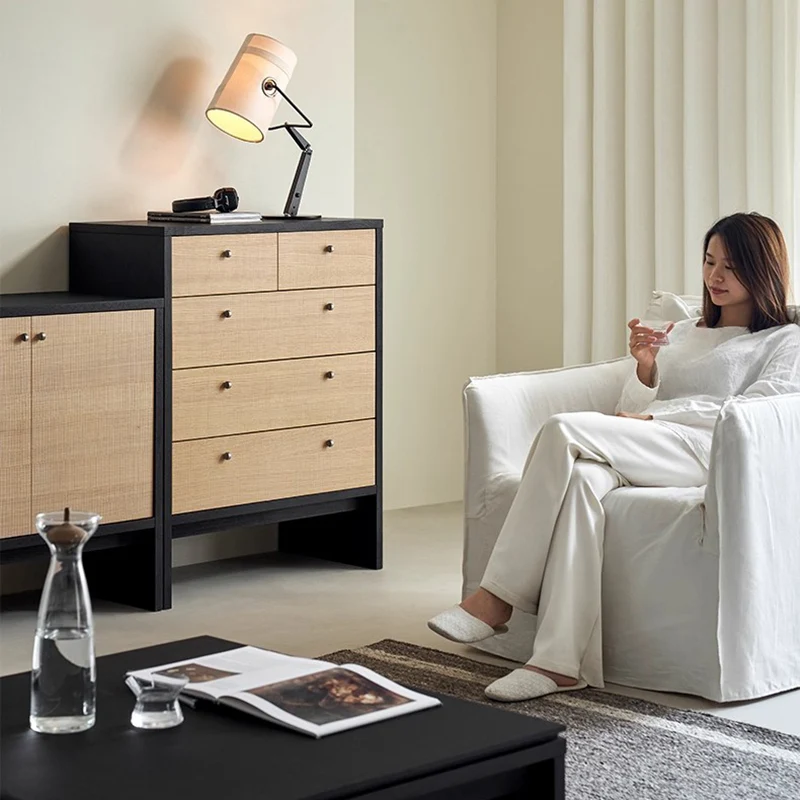 Contemporary Nordic Rectangular Engineered Wood Storage Cabinet 5-Drawer For Living Room