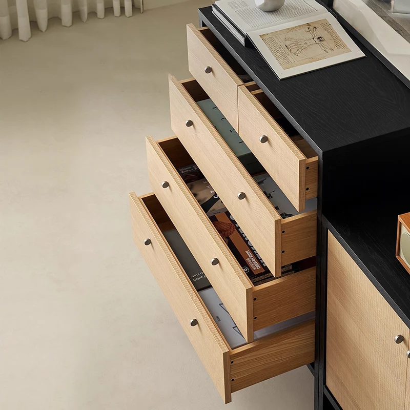 Contemporary Nordic Rectangular Engineered Wood Storage Cabinet 5-Drawer For Living Room
