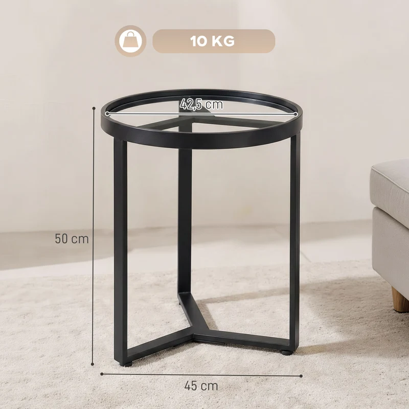 Mesa Lateral Redonda com Tampo de Vidro Temperado e Estrutura Metálica Geométrica para Pequenos Ambientes Preto