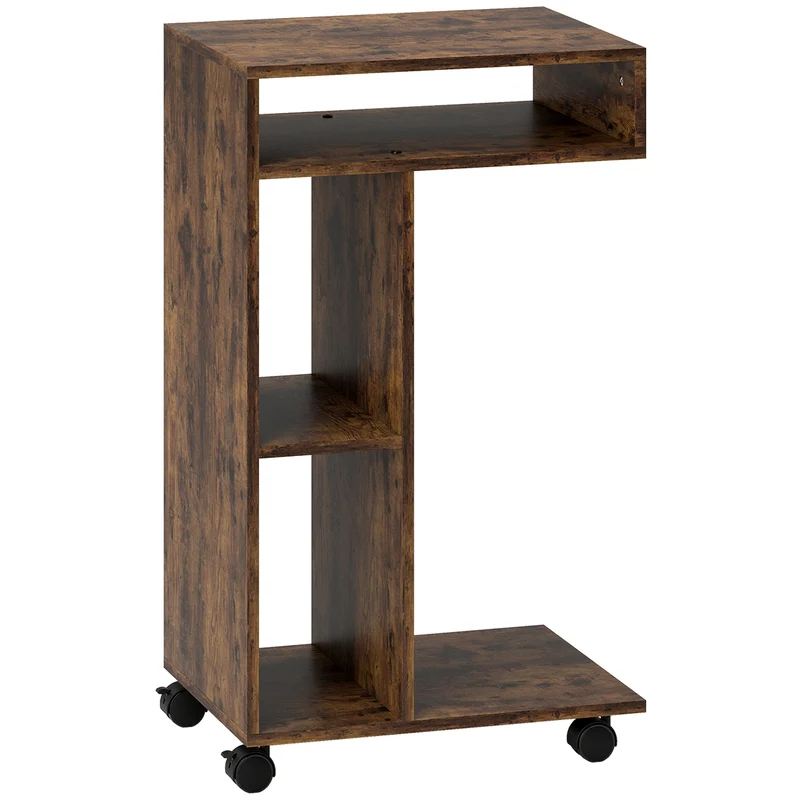 Mesa lateral, carrinho servente em forma de C, 4 rodas, 3 compartimentos, 40 x 30 x 69 cm, Castanho rústico