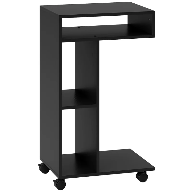 Mesa de Apoio Carrinho em Forma de C 4 Rodízios 3 Compartimentos 40x30x69 cm Preto
