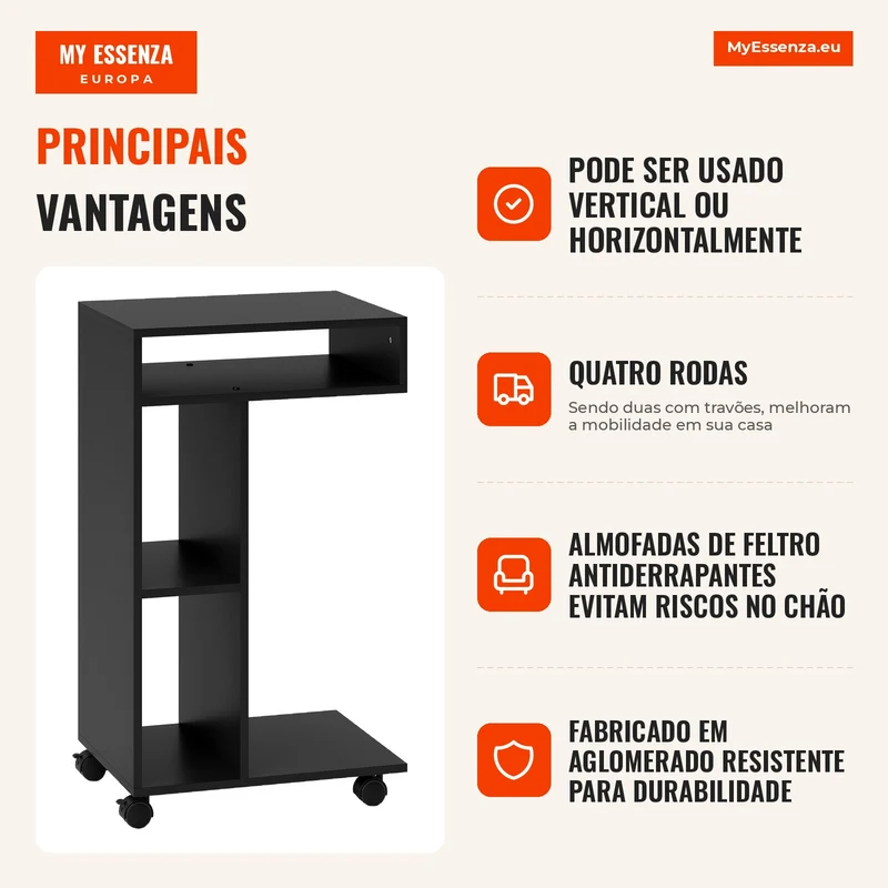 Mesa de Apoio Carrinho em Forma de C 4 Rodízios 3 Compartimentos 40x30x69 cm Preto