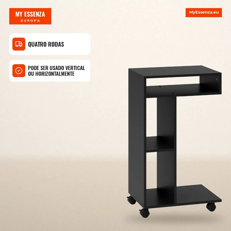 Mesa de Apoio Carrinho em Forma de C 4 Rodízios 3 Compartimentos 40x30x69 cm Preto