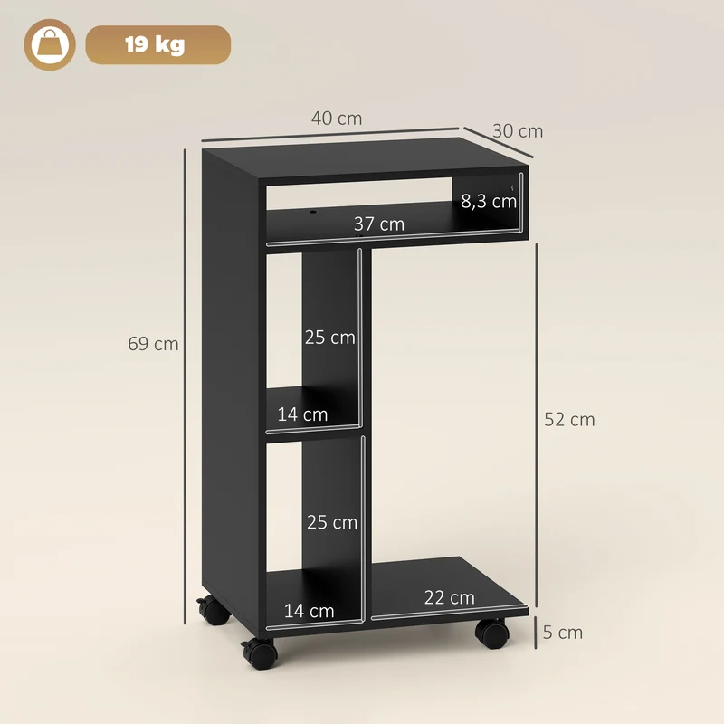Mesa de Apoio Carrinho em Forma de C 4 Rodízios 3 Compartimentos 40x30x69 cm Preto