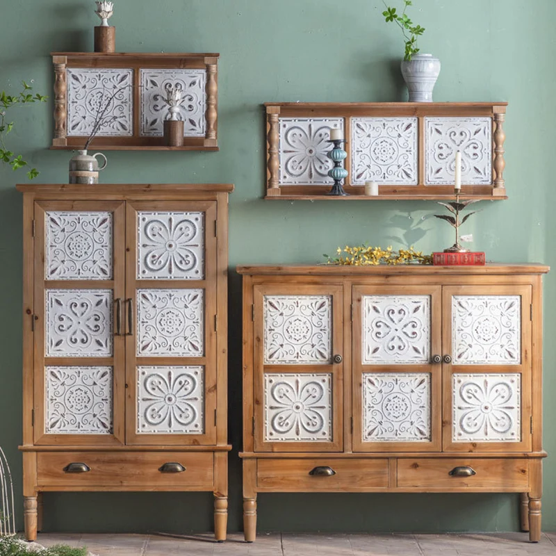 Traditional French Iron Solid Wood & MDF Rectangular Patterned Storage Cabinet With 2/3-Tier For Living Room