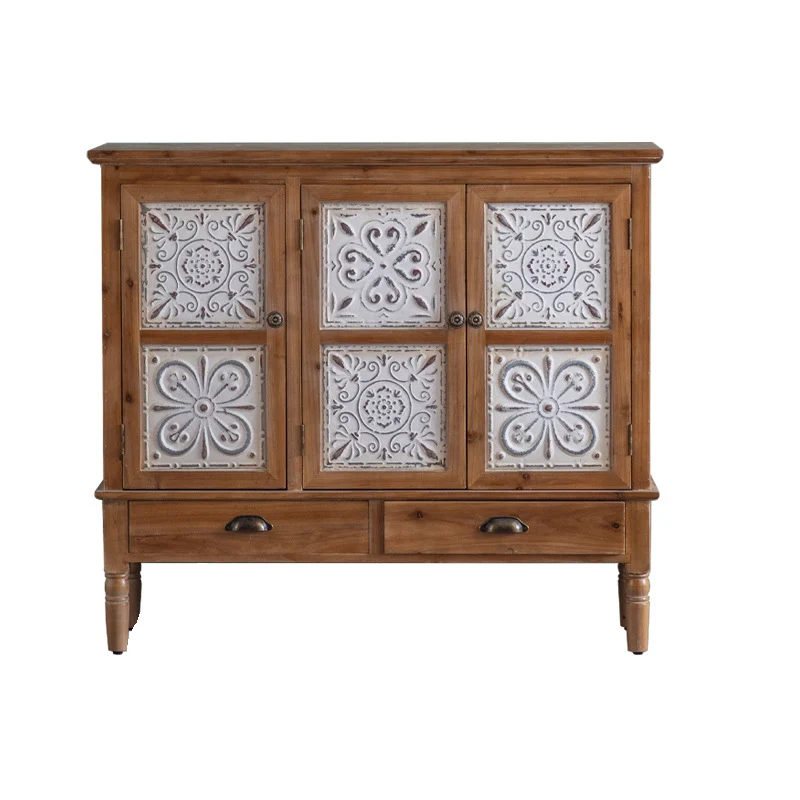 Traditional French Iron Solid Wood & MDF Rectangular Patterned Storage Cabinet With 2/3-Tier For Living Room