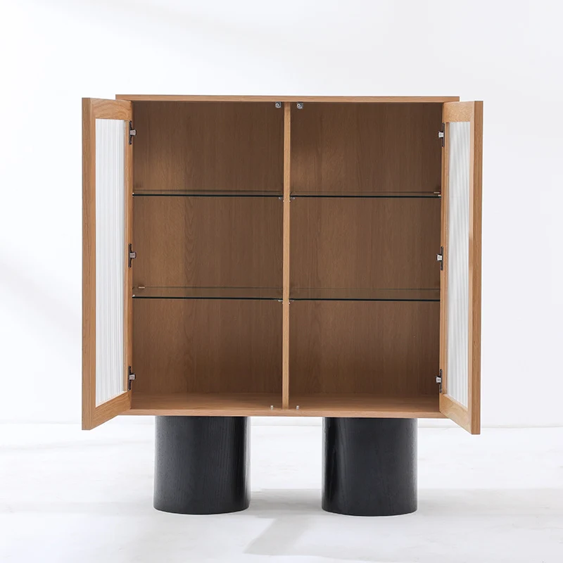 Contemporary Nordic Oak Veneer MDF Tempered Glass Rectangular Storage Cabinet With 4-Tier For Living Room