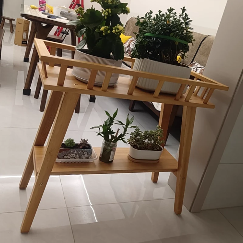 Traditional Rustic Pine Wood Trapezoidal Lightweight Plant Storage Shelf 2-Layer For Garden