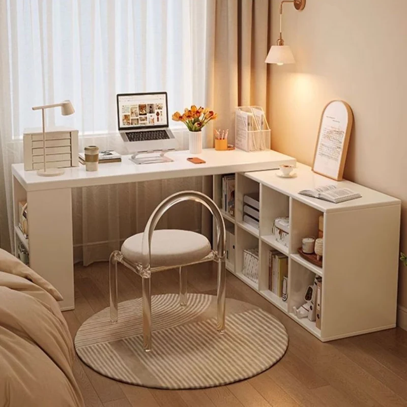 Modern Minimalist Rectangular L-Shaped Particle Board Desk With Bookshelf 8/10 Storage For Home Office