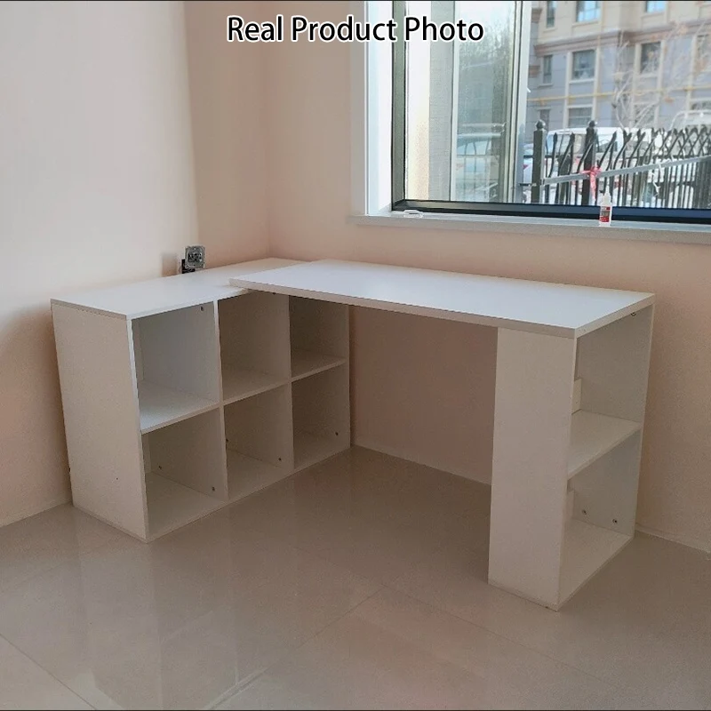 Modern Minimalist Rectangular L-Shaped Particle Board Desk With Bookshelf 8/10 Storage For Home Office