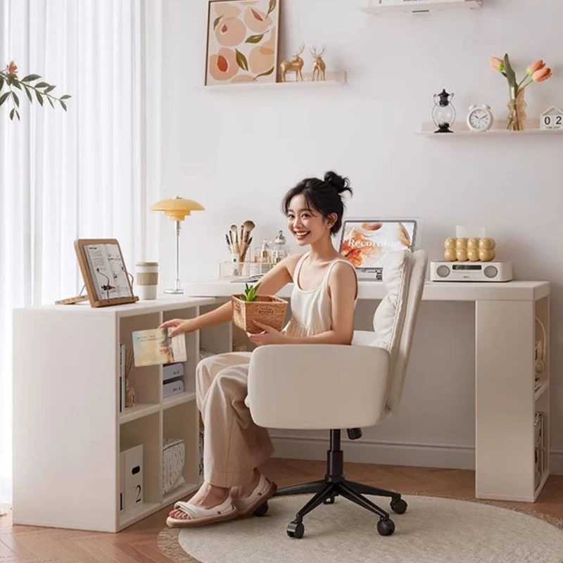 Modern Minimalist Rectangular L-Shaped Particle Board Desk With Bookshelf 8/10 Storage For Home Office