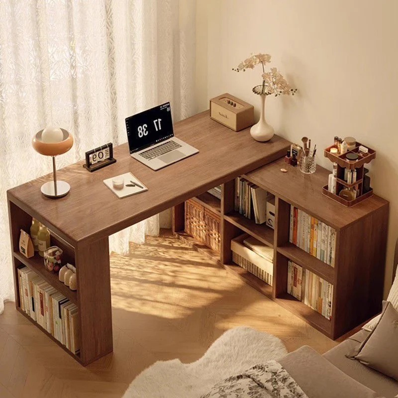 Modern Minimalist Rectangular L-Shaped Particle Board Desk With Bookshelf 8/10 Storage For Home Office