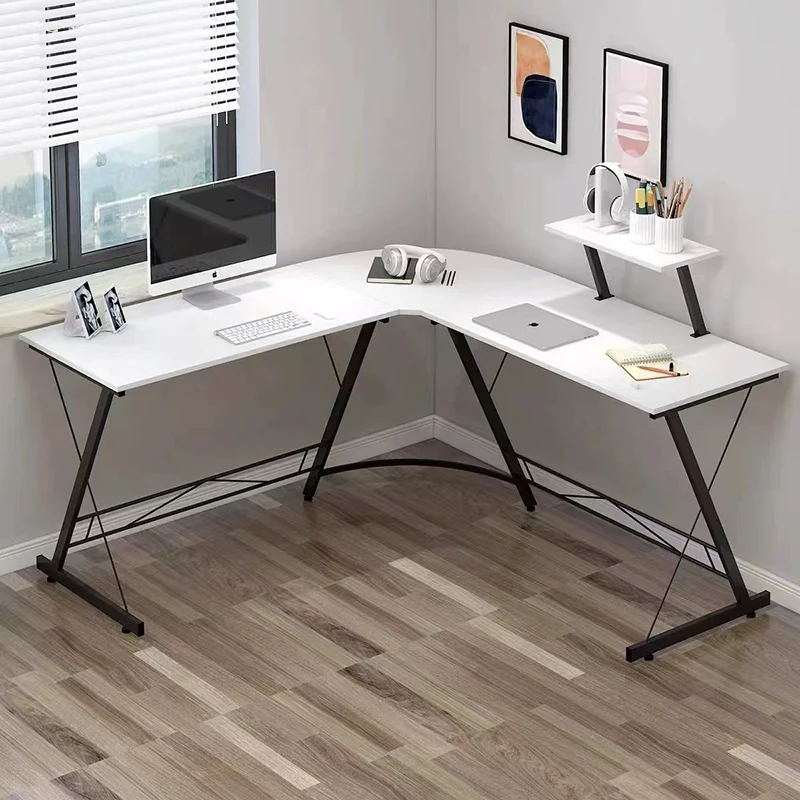 Modern Minimalist Rectangular L-Shaped Iron Medium Density Fiberboard Desk 2-Tier For Home Office