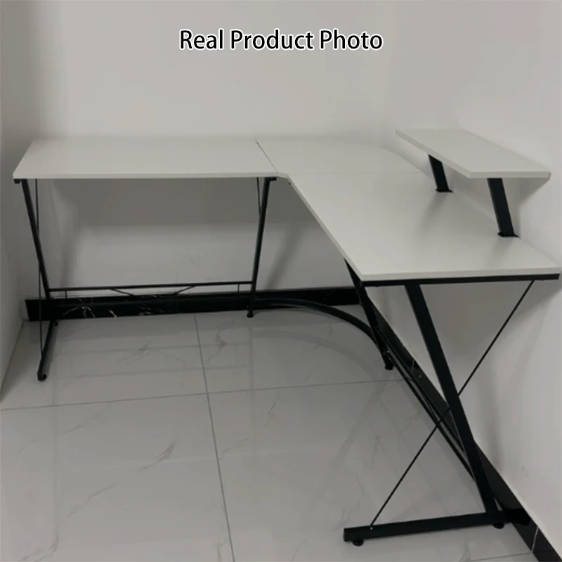Modern Minimalist Rectangular L-Shaped Iron Medium Density Fiberboard Desk 2-Tier For Home Office