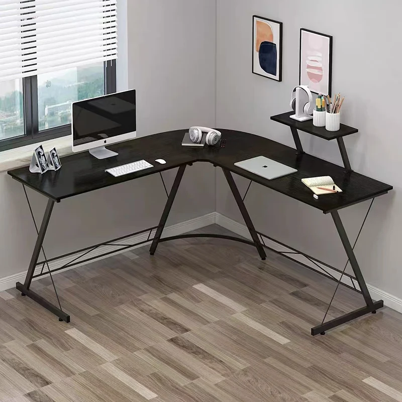 Modern Minimalist Rectangular L-Shaped Iron Medium Density Fiberboard Desk 2-Tier For Home Office