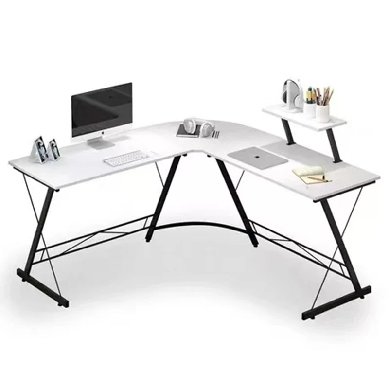 Modern Minimalist Rectangular L-Shaped Iron Medium Density Fiberboard Desk 2-Tier For Home Office
