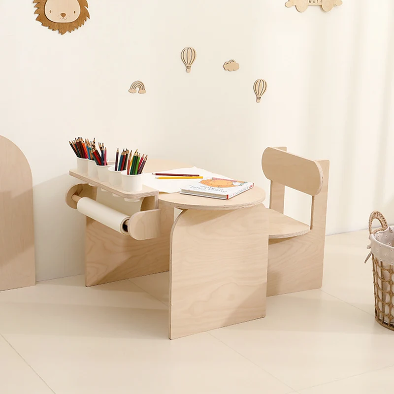 Modern Minimalist Marine Board Curved Oval Kids Study Desk Chair Set With 1-Tier For Living Room