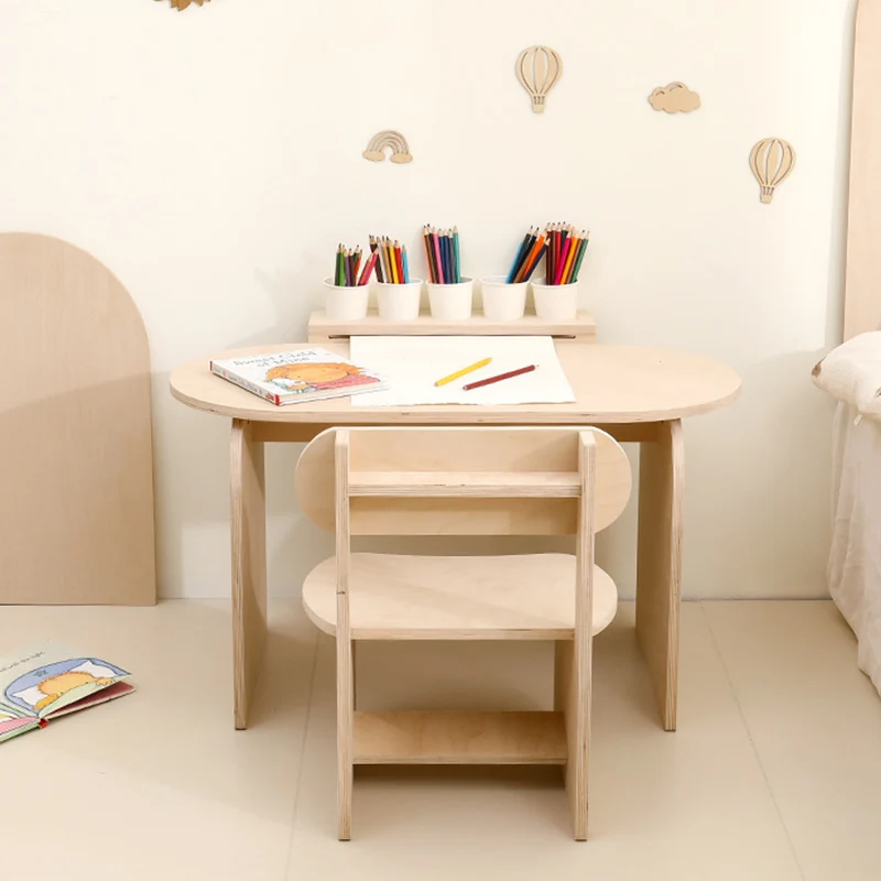 Modern Minimalist Marine Board Curved Oval Kids Study Desk Chair Set With 1-Tier For Living Room