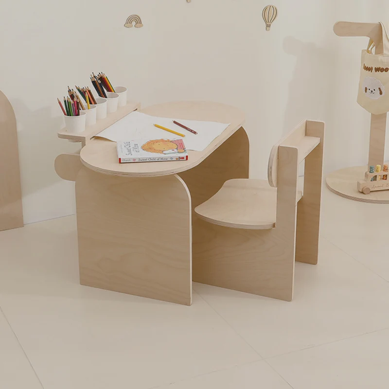 Modern Minimalist Marine Board Curved Oval Kids Study Desk Chair Set With 1-Tier For Living Room