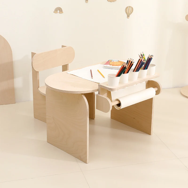 Modern Minimalist Marine Board Curved Oval Kids Study Desk Chair Set With 1-Tier For Living Room