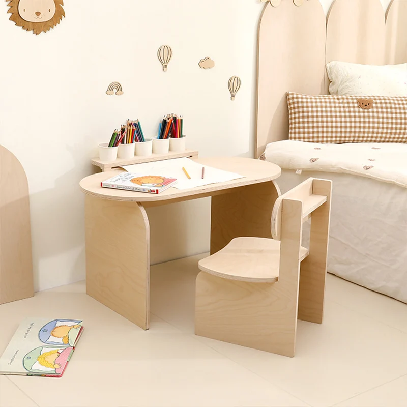 Modern Minimalist Marine Board Curved Oval Kids Study Desk Chair Set With 1-Tier For Living Room