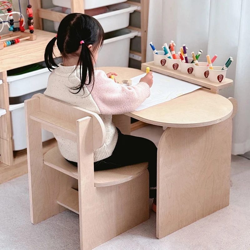 Modern Minimalist Marine Board Curved Oval Kids Study Desk Chair Set With 1-Tier For Living Room