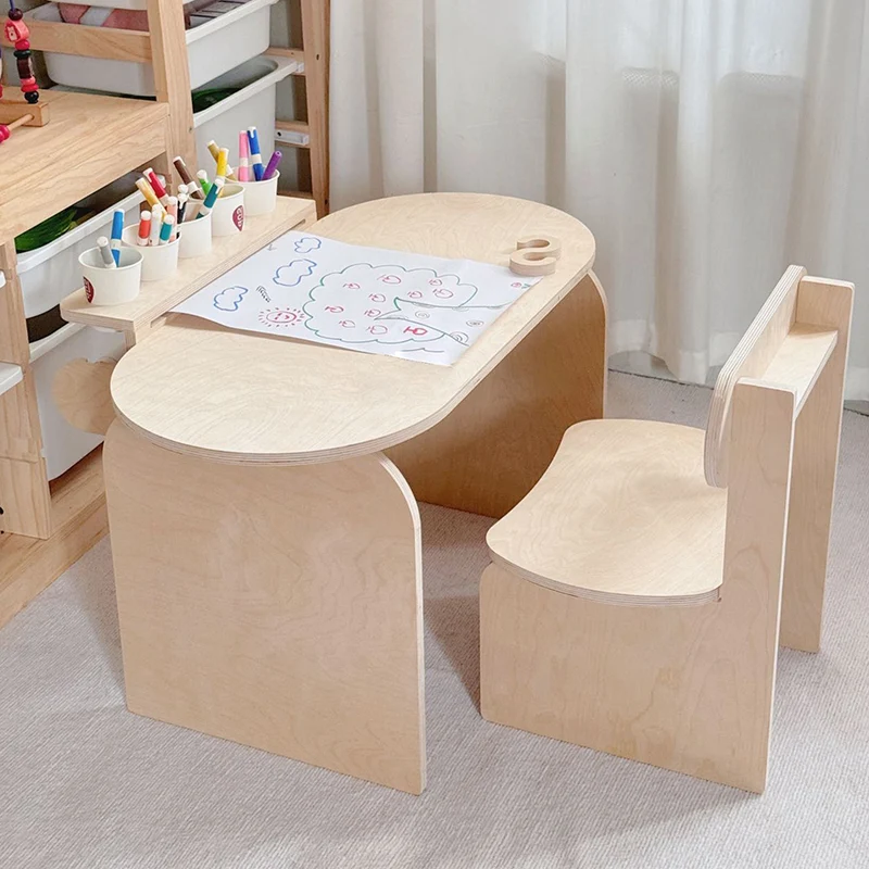 Modern Minimalist Marine Board Curved Oval Kids Study Desk Chair Set With 1-Tier For Living Room