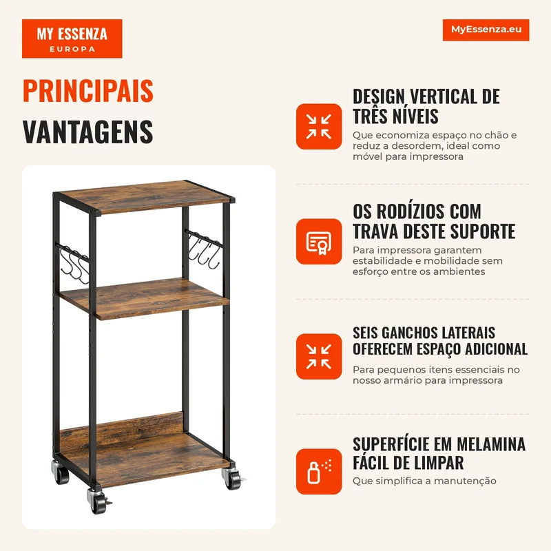 Estante Industrial para Impressora 3 Níveis Rodízios e Ganchos Castanho Rústico
