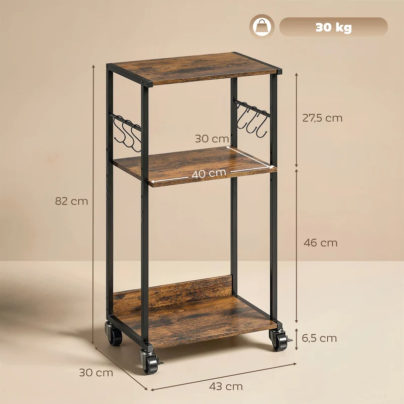 Estante Industrial para Impressora 3 Níveis Rodízios e Ganchos Castanho Rústico