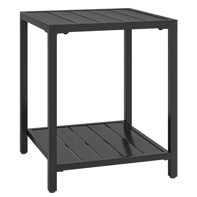 Mesa Auxiliar 45x45 cm à Prova de Intempéries Mesa de Jardim com Design em Ripas Prateleira Pés Ajustáveis 30 kg de Capacidade
