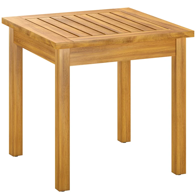 Mesa de Apoio 48x48 cm Resistente às Intempéries Mesa de Jardim com Design em Ripas Pés Ajustáveis Quadrada