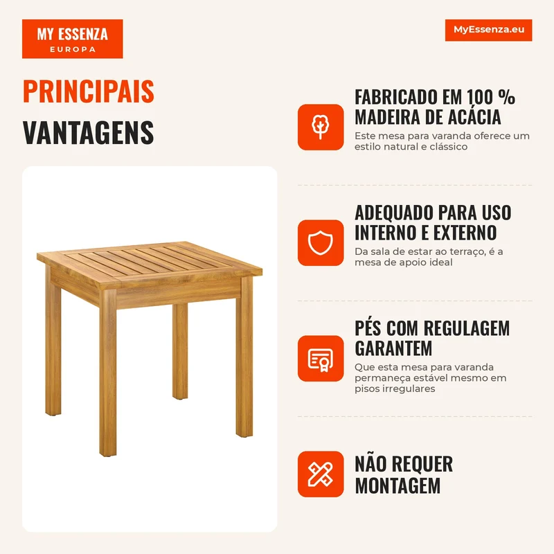 Mesa de Apoio 48x48 cm Resistente às Intempéries Mesa de Jardim com Design em Ripas Pés Ajustáveis Quadrada