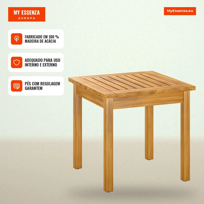 Mesa de Apoio 48x48 cm Resistente às Intempéries Mesa de Jardim com Design em Ripas Pés Ajustáveis Quadrada