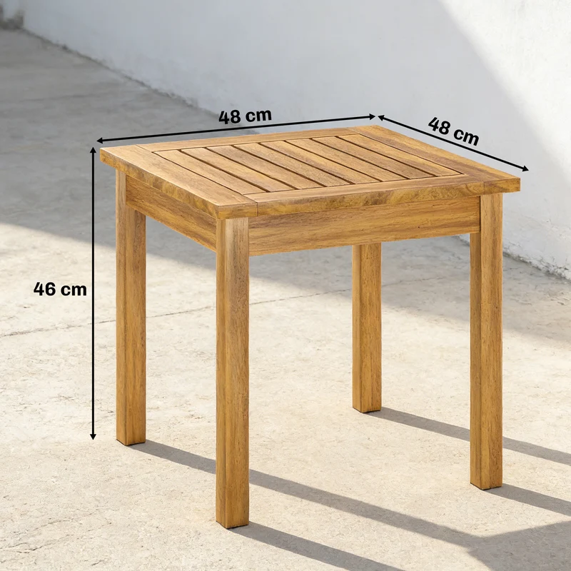 Mesa de Apoio 48x48 cm Resistente às Intempéries Mesa de Jardim com Design em Ripas Pés Ajustáveis Quadrada