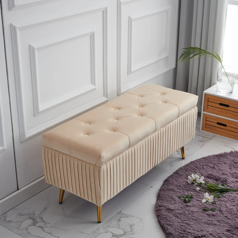 Modern Minimalist Velvet Sponge Titanium Alloy Rectangular Storage Bench Backless For Entryway