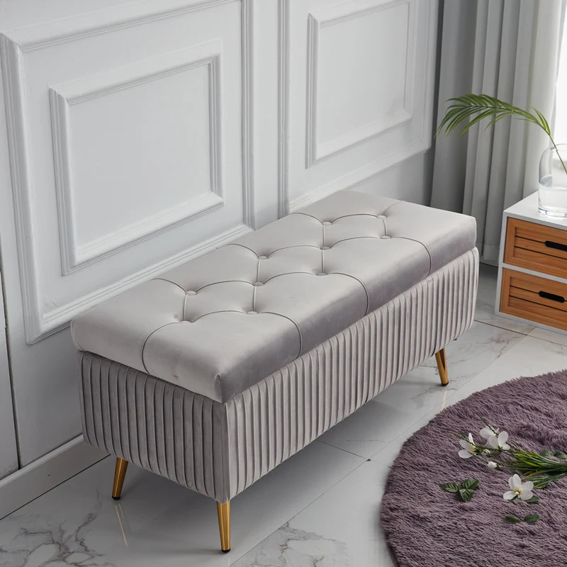 Modern Minimalist Velvet Sponge Titanium Alloy Rectangular Storage Bench Backless For Entryway
