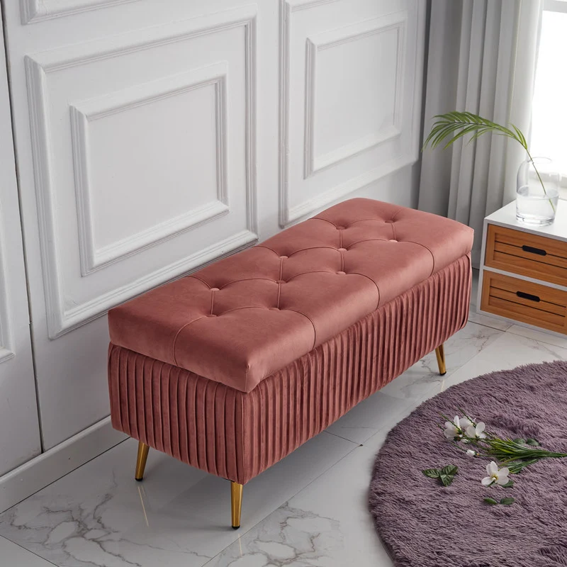 Modern Minimalist Velvet Sponge Titanium Alloy Rectangular Storage Bench Backless For Entryway