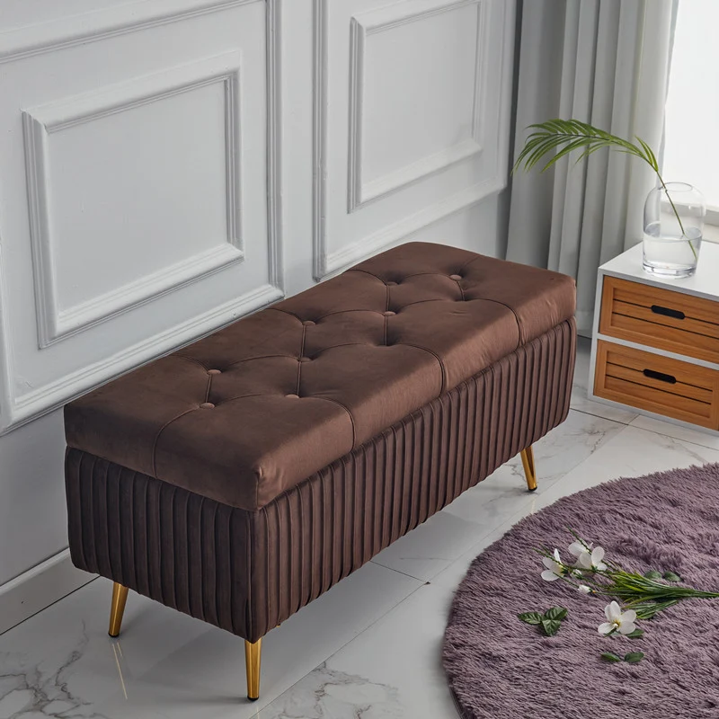 Modern Minimalist Velvet Sponge Titanium Alloy Rectangular Storage Bench Backless For Entryway