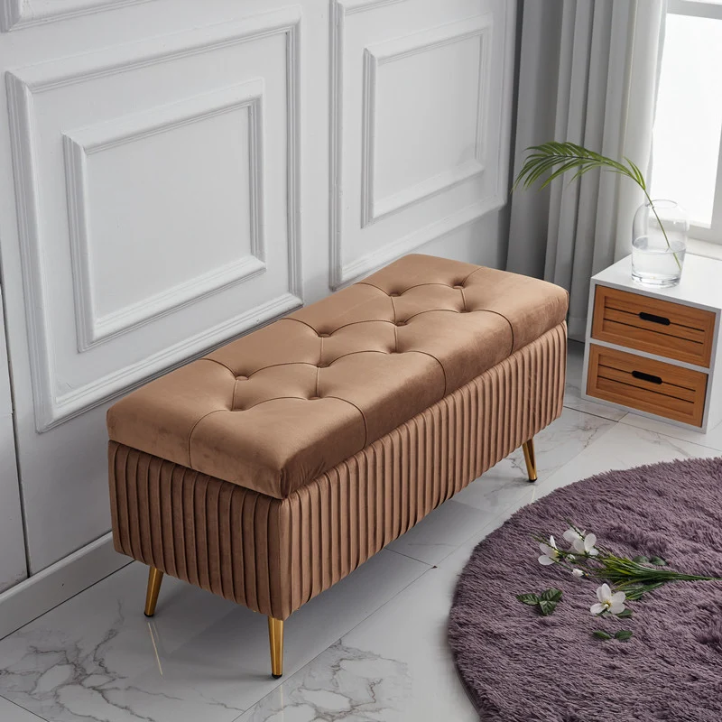 Modern Minimalist Velvet Sponge Titanium Alloy Rectangular Storage Bench Backless For Entryway