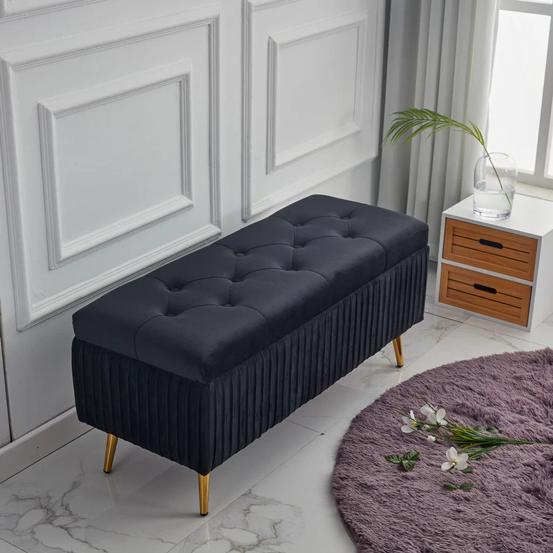 Modern Minimalist Velvet Sponge Titanium Alloy Rectangular Storage Bench Backless For Entryway