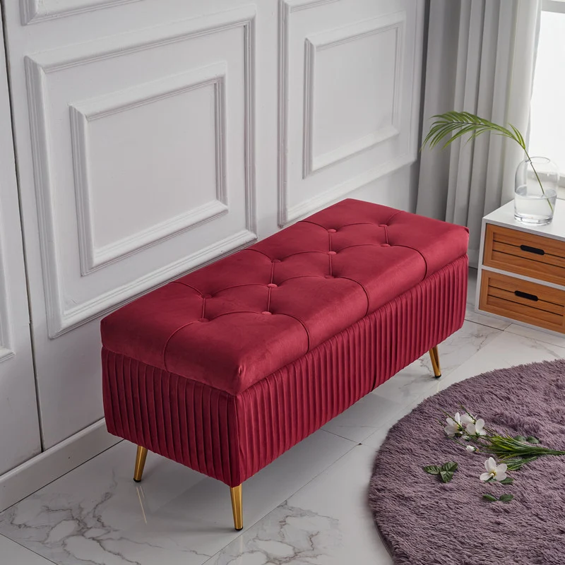 Modern Minimalist Velvet Sponge Titanium Alloy Rectangular Storage Bench Backless For Entryway